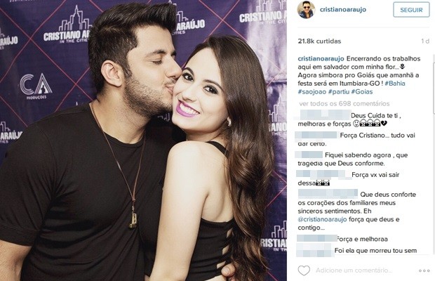 Cristiano Araújo postou foto com a namorada antes se seguir para Itumbiara