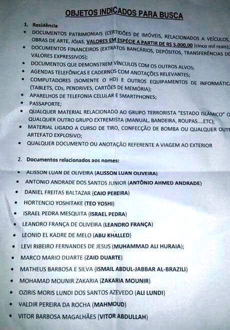 Lista com nomes das pessoas suspeitas de planejar ataque terrorista no Brasil