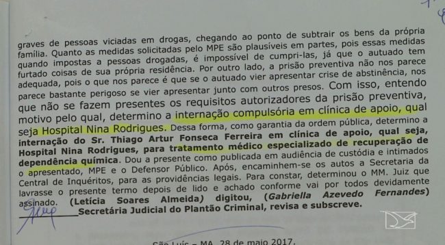Decisão Judicial que determinava a internação de Thiago no Hospital Nina Rodrigues, em São Luís