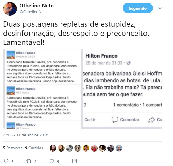 Presidente da Assembleia, Othelino Neto, usa sua rede social para repudiar ato machista