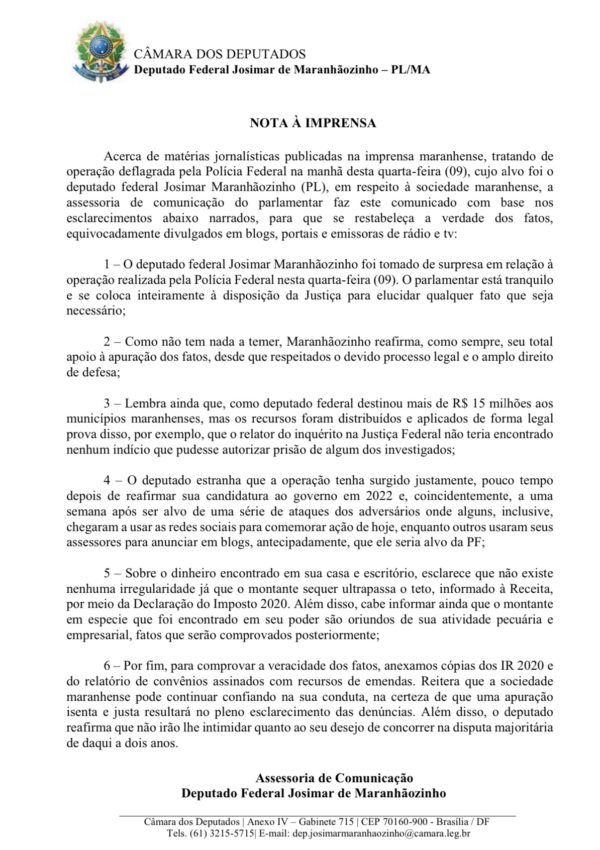 Nota do deputado Josimar de Maranhãozinho sobre a Operação Descalabro
