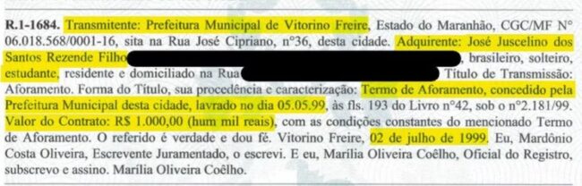 Em 1999, terreno onde está o haras da família foi cedido pela prefeitura de Vitorino Freire para Juscelino Filho. À época, o pai dele era o prefeito. Juscelino Filho tinha 14 anos de idade