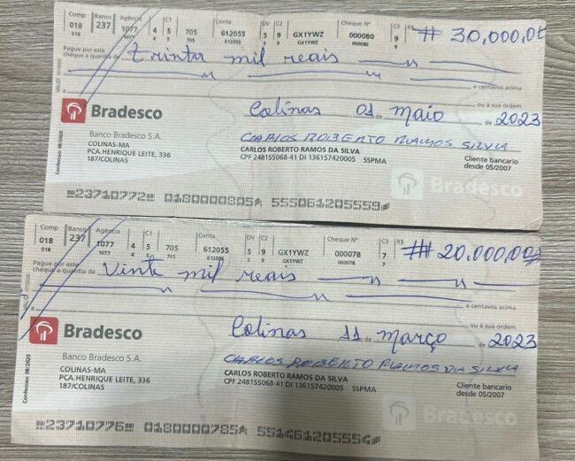 Cheques do prefeito de Jatobá-MA, Carlos Roberto Ramos da Silva