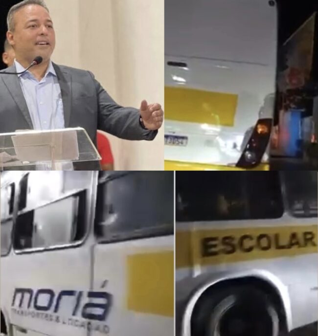 Ônibus estava com as luzes apagadas e bandeira do candidato na janela